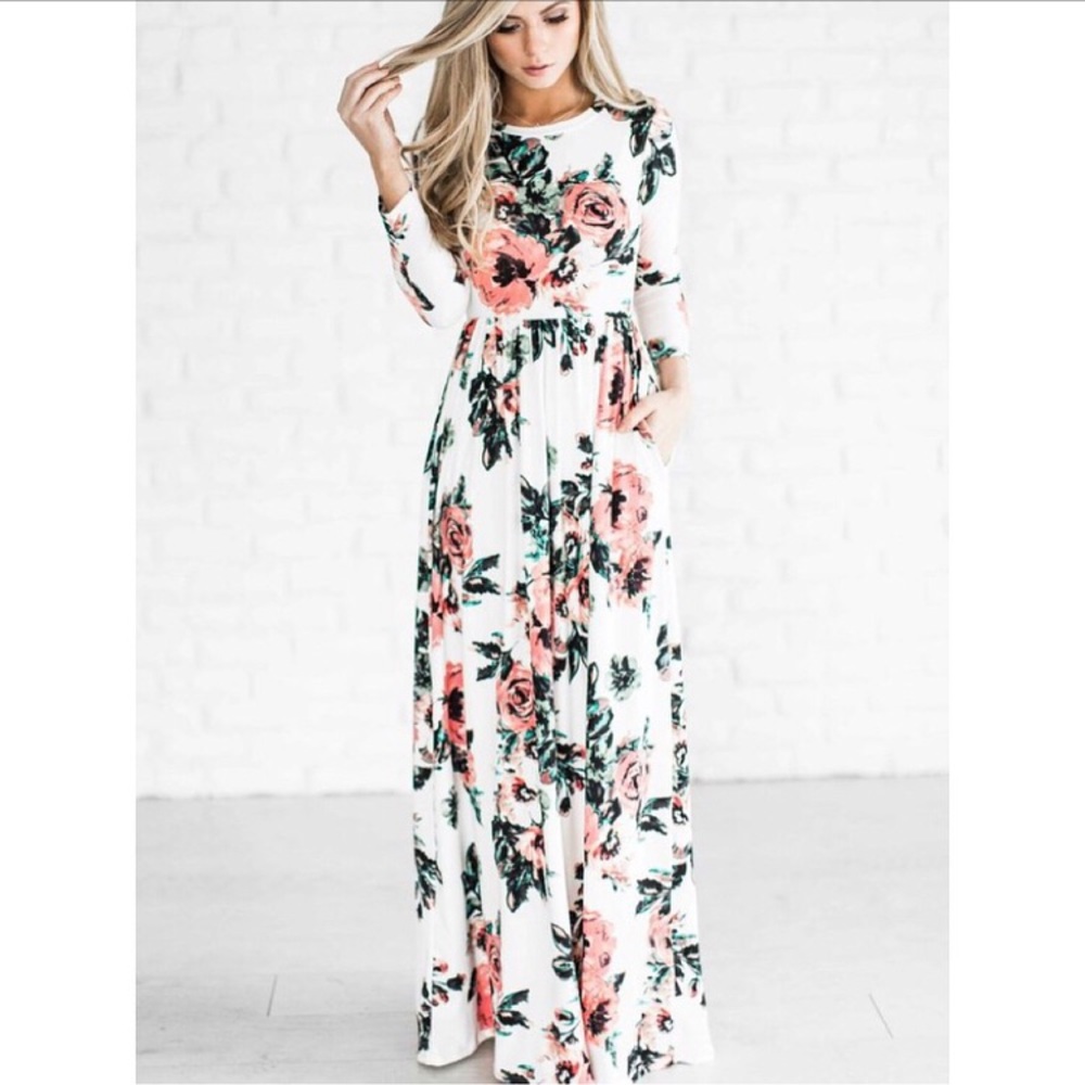 White Floral Long Dress with Pockets